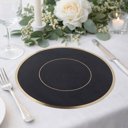 50 Pack Disposable Table Placemats 13" Round Black with Gold Rim – Cardboard Charger Plates for Elegant Table Settings, 128 GSM