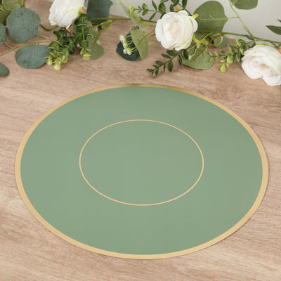 Green circular placemat with gold trim on a wooden table.