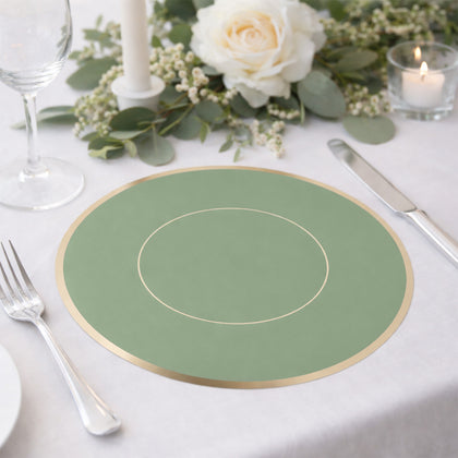 50 Pack Disposable Table Placemats 13" Round Sage Green with Gold Rim – Cardboard Charger Plates for Elegant Table Settings, 128 GSM