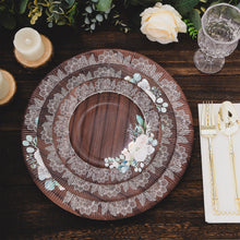 25 Pack Brown Rustic Wood Print 13inch Paper Charger Plates With Floral Lace Rim