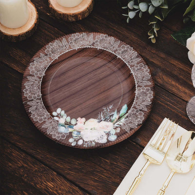 Elegant floral design on a wooden plate, perfect for dining decor.