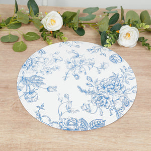 Floral decorative plate with blue designs on a white background.