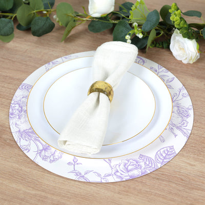 Elegant table setting with floral plate and linen napkin holder.