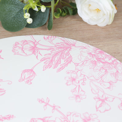 Floral patterned plate with pink designs on a white background.
