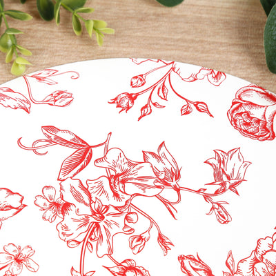 Red floral design plate on a wooden surface.