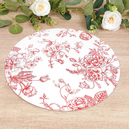 10-Pack Disposable Table Placemats in French Toile Print 13" in Matte White/Red - Classy Cardboard Placemats for Dinner Parties & Banquets