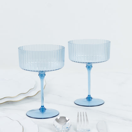 24-Pack Premium Disposable Cocktail Glasses – 10oz Dusty Blue Ribbed Plastic Coupe Champagne Cups with Detachable Stem & Base – Party & Event Drinkware