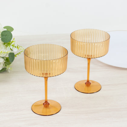 24-Pack Premium Disposable Cocktail Glasses – 10oz Amber Gold Ribbed Plastic Coupe Champagne Cups with Detachable Stem & Base – Party & Event Drinkware