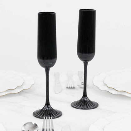 12 Pack Vintage Ribbed Champagne Flutes 4oz Black – Disposable Plastic Toasting Glasses