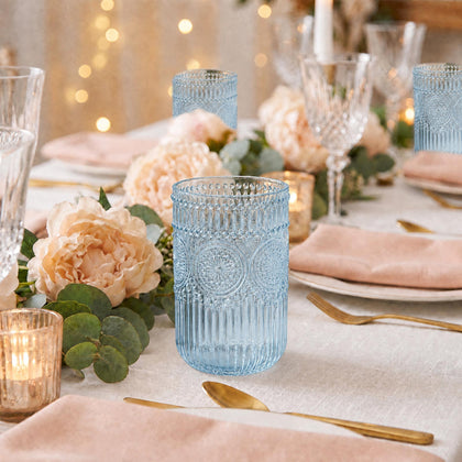 12 Pack Plastic Tumblers 16oz - Dusty Blue Vintage Highball Glasses, Reusable Shatterproof with Embossed Floral Pattern
