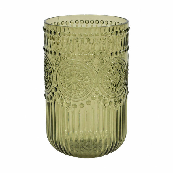 Decorative green embossed glass vase with vintage circular pattern #whtbkgd