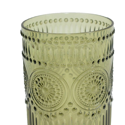 Green textured glass vase with embossed circular floral pattern