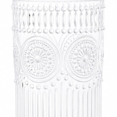 Clear decorative glass candle holder with embossed bubble and floral patterns