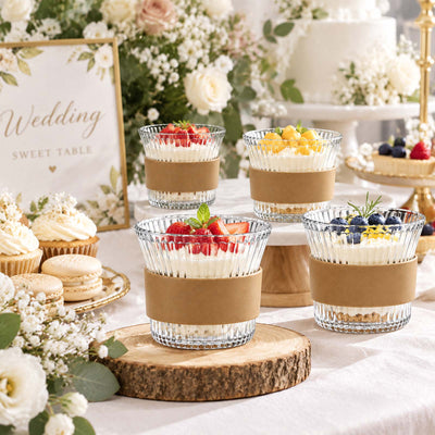 Wedding dessert table with glass parfait cups topped with fresh berries and cream
