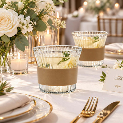 Elegant wedding table setting with floral centerpiece and glass candle holders