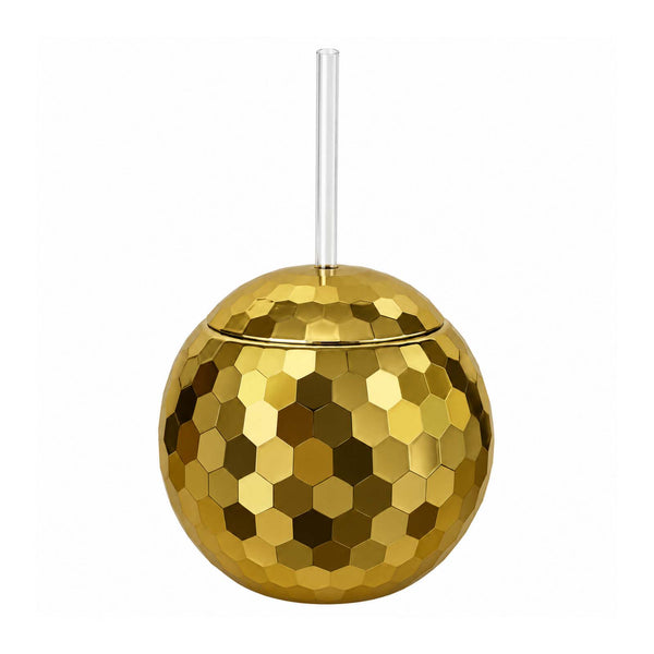 12 pack gold disco ball cup with lid and clear straw on white background#whtbkgd