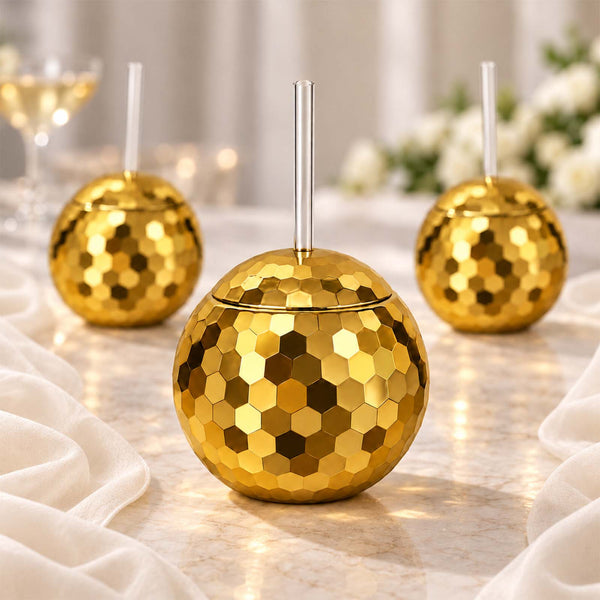 Gold disco ball cups with lids and clear straws, reusable 20oz party tumblers