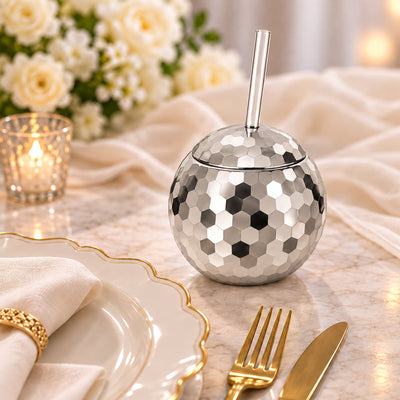 Silver disco ball cups with lids and clear straws, reusable 20oz party tumblers