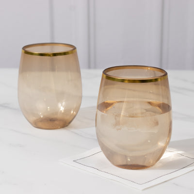 12-Pack Plastic Stemless Wine Glasses 12Oz, Transparent Dusty Sage Green With Gold Rim | Reusable Tumblers For Events
