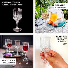 6 Pack | 8oz Clear Crystal Cut Reusable Plastic Wine Glasses