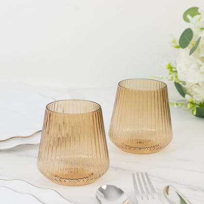 12-Pack Plastic Stemless Wine Glasses – 12oz Amber Gold Ribbed Design, Reusable Shatterproof Cocktail Tumblers