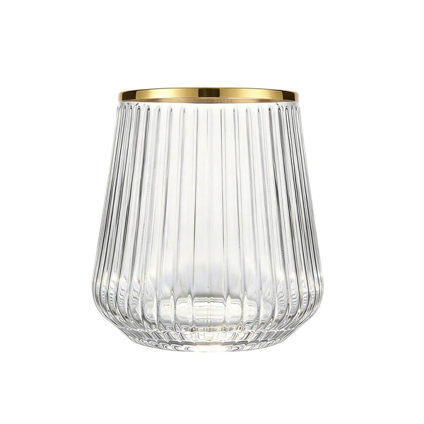 Clear ribbed glass tumbler with gold rim on white background#whtbkgd