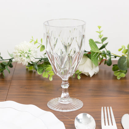 12 Pack Diamond Cut Vintage Plastic Wine Goblets – Clear 11oz Embossed Reusable Drink & Cocktail Glasses