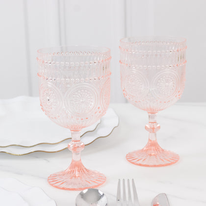 12 Pack Plastic Wine Goblets, 15oz Reusable Shatterproof Blush Vintage Drinkware – Embossed Floral Pattern Decorative Cups