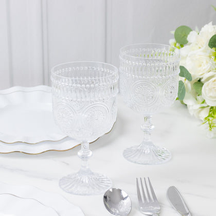 12 Pack Plastic Wine Goblets, 15oz Reusable Shatterproof Clear Vintage Drinkware – Embossed Floral Pattern Decorative Cups