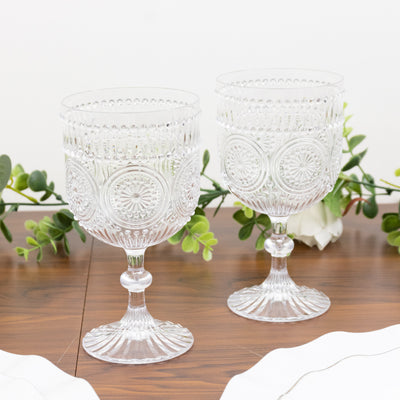 Elegant crystal goblets with intricate designs, perfect for special occasions.