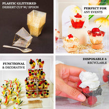24 Pack | 2oz Gold Glittered Clear Plastic Dessert Cup and Spoon Set