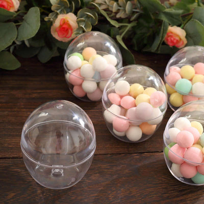 Clear plastic egg-shaped containers filled with colorful candies.