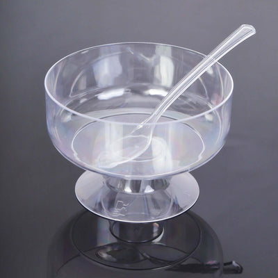 Clear plastic dessert bowl with a spoon, perfect for serving treats.