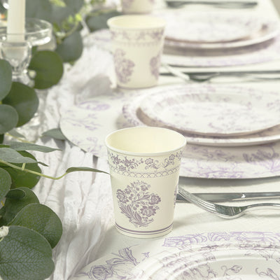 Elegant floral disposable cup on a beautifully set table.