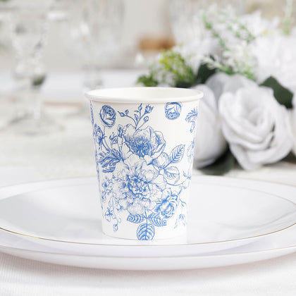 50-Pack Paper Cups 9oz White with Blue French Toile Print - Chic Disposable Floral Party Cups for Hot & Cold Beverages