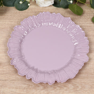 Lavender decorative plate with a ruffled edge on a wooden surface.