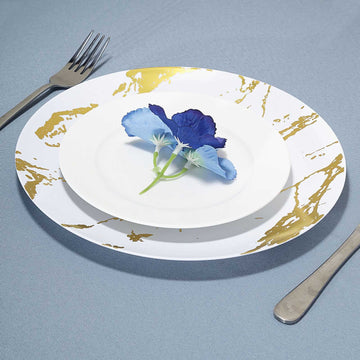Elevate Your Event with Gold and White Marble Print Plastic Dinner Party Plates