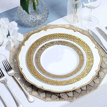 White Hammered Design Plastic Dinner Plates with Gold Rim - Elegant and Durable