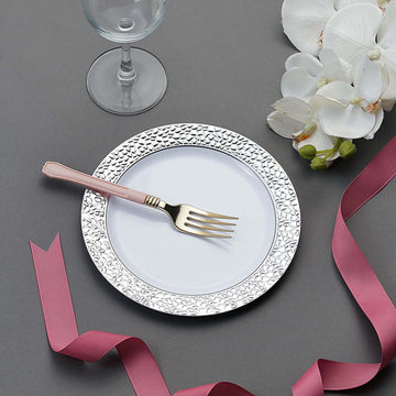 White Hammered Design Plastic Dessert / Appetizer Plates With Silver Rim 7.5