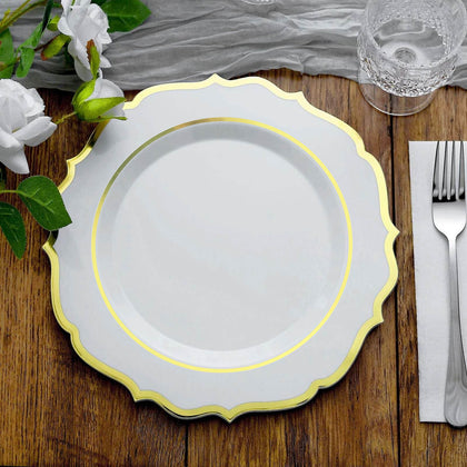 10-Pack Plastic Round Dinner Plates 10" White with Gold Scalloped Rim - Disposable Party Plates for Stylish Weddings & Celebrations