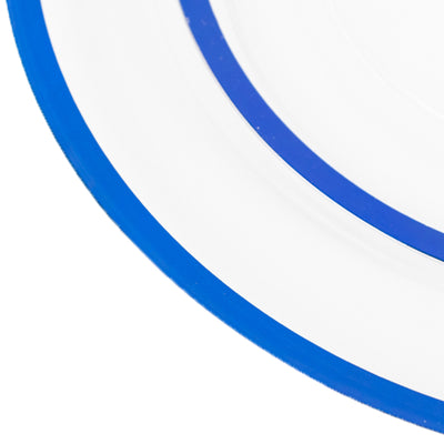 Blue rimmed plate with white center in a studio-style shot.