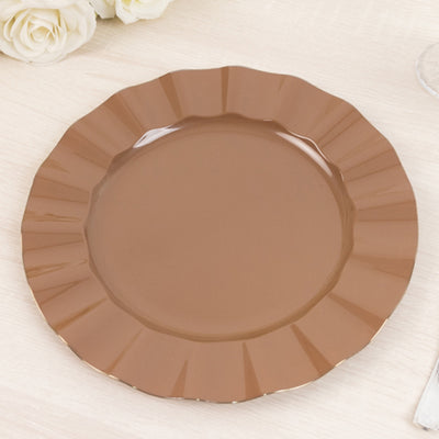 Brown decorative plate with a fluted edge design.