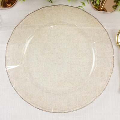 Elegant clear glass plate with gold rim and speckled design.
