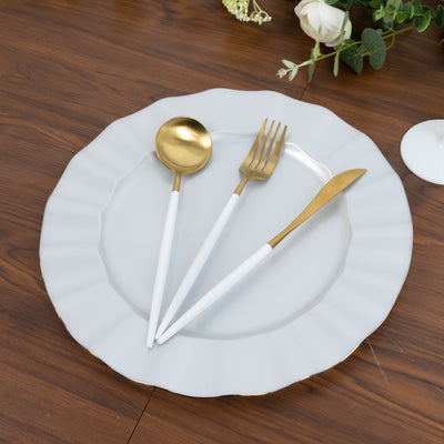 10-Pack Plastic Round Dinner Plates 11inch Pearl White Ruffled Rim with Gold Edging