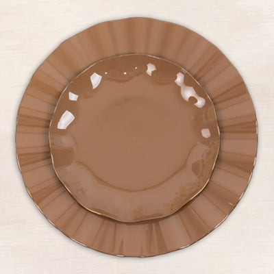 Brown decorative plates with a ruffled edge and glossy finish.