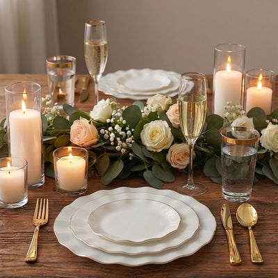 10-Pack Plastic Round Dessert Plates 6inch Pearl White Ruffled Rim with Gold Edging
