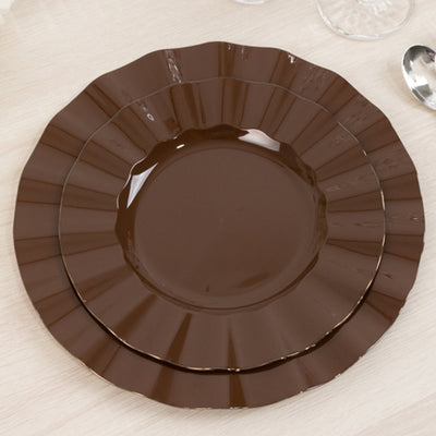 Brown decorative plates stacked elegantly on a table.