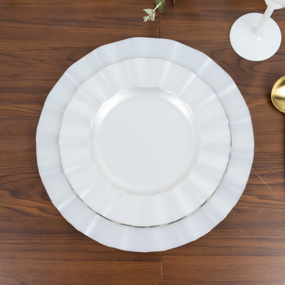 10-Pack Plastic Round Dinner Plates 9inch Pearl White Ruffled Rim with Gold Edging