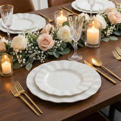 10-Pack Plastic Round Dinner Plates 9inch Pearl White Ruffled Rim with Gold Edging