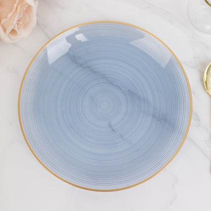 20-Pack Plastic Dinner Plates 10" Round Transparent Dusty Blue Swirl with Gold Rim – Crystal-Like Elegant Party Plates
